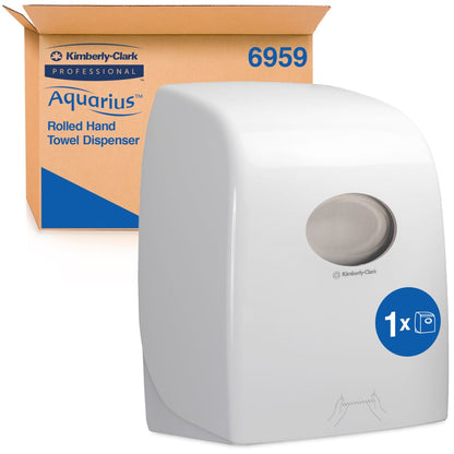 The Aquarius™ roll towel dispenser - White by Kimberly-Clark GmbH stands in front of its brown packaging box with brand and product details. The hygienic dispenser with a transparent front is ideal for public areas.