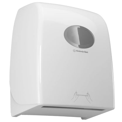 The Aquarius™ roll towel dispenser by Kimberly-Clark GmbH in White is a hygienic wall dispenser with a viewing window, ideal for public areas, and allows easy tearing of paper towels thanks to clear instructions.