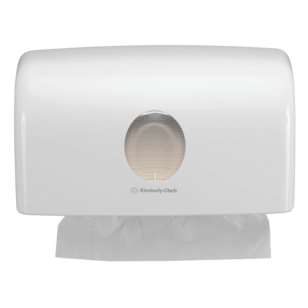 Der Aquarius™ Spender für gefaltete Handtücher - MultiFold Weiß (Klein) von Kimberly-Clark GmbH ist ein wandmontierter Handtuchspender mit Sichtfenster für hygienische Einzelentnahme - ideal für jeden Waschraum.
