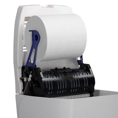 A close-up of an open Aquarius™ roll towel dispenser - White by Kimberly-Clark GmbH, showing a large paper towel roll and the black-blue dispensing mechanism - ideal for hygienic towel dispensing in public areas.