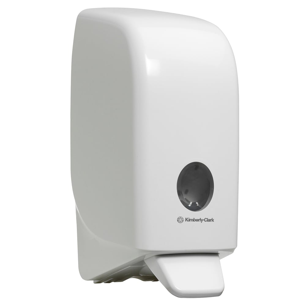 The Aquarius™ dispenser for wash lotions, 1 Ltr cassette, white from Kimberly-Clark GmbH is a wall-mounted soap dispenser with a push lever and viewing window - ideal as a hygienic hand cleaning dispenser.