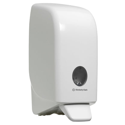 The Aquarius™ dispenser for wash lotions, 1 Ltr cassette, white from Kimberly-Clark GmbH is a wall-mounted soap dispenser with a push lever and viewing window - ideal as a hygienic hand cleaning dispenser.