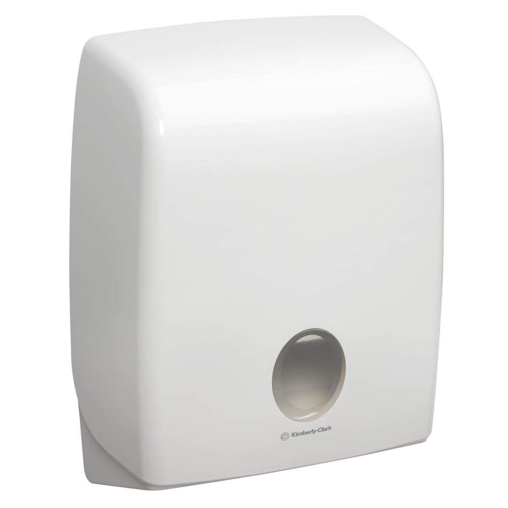 Der Aquarius™ Spender für gefaltete Handtücher (C-Falzung, Weiß) von Kimberly-Clark GmbH ist ein wandmontierter, weißer Spender mit abgerundeter Rechteckform und Sichtfenster. Perfekt für C-Falzung Papierhandtücher.