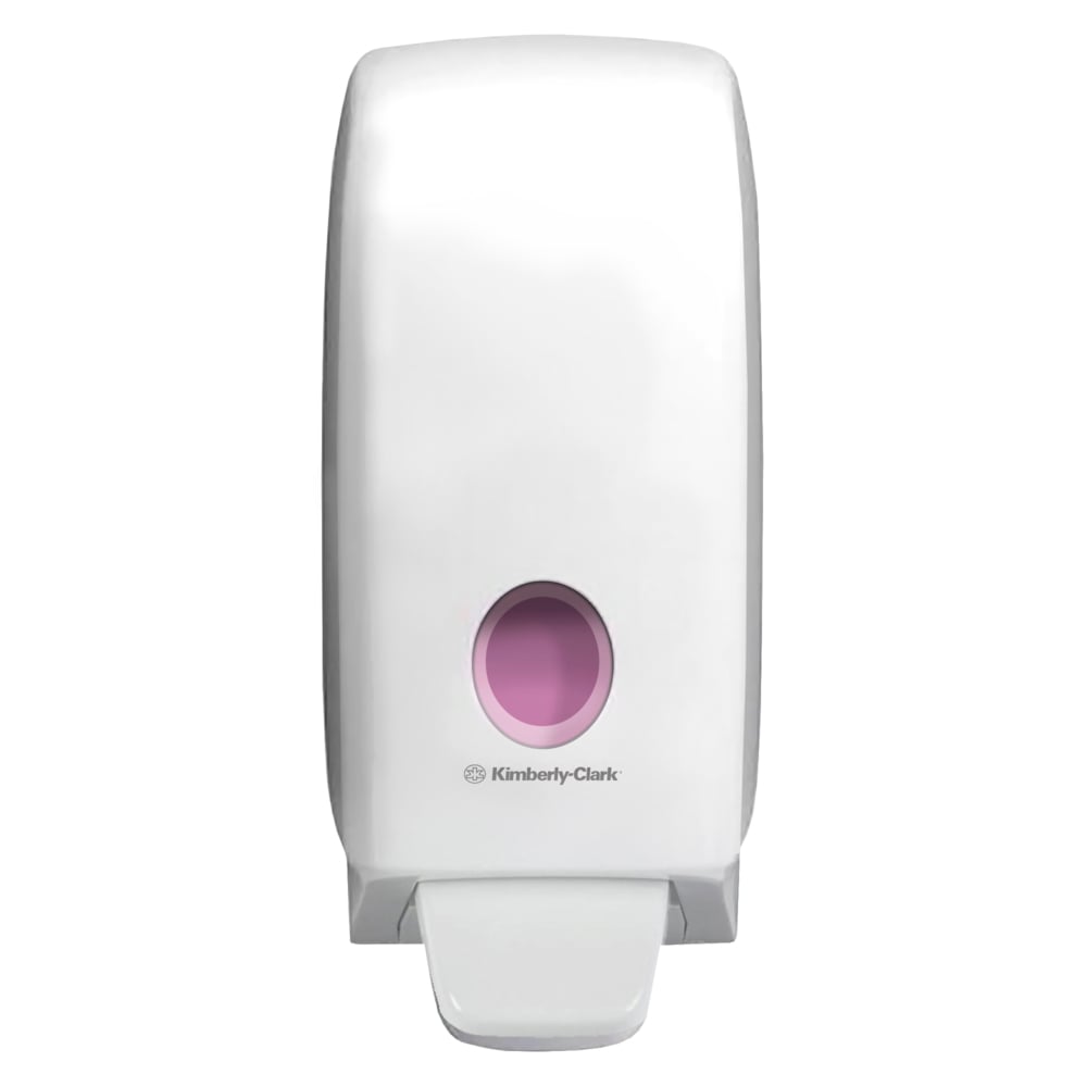 Ein weißer Aquarius™ Spender für Waschlotionen (1 Ltr) von Kimberly-Clark GmbH, wandmontiert mit sichtbarer rosa Flüssigkeit und einem Druckhebel am Boden - ideal als hygienischer Handreinigungsspender.