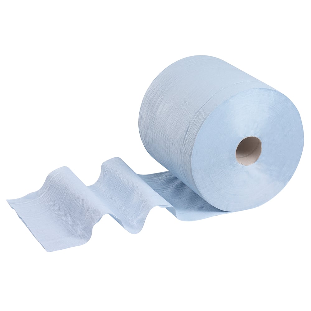 Eine große Rolle Kimberly-Clark GmbH WypAll® L20 Papierwischtuch für Instandhaltungsarbeiten - Großrolle, Blau, 1 Rolle x 500 Blatt, wird teilweise auf einem weißen Hintergrund abgerollt - perfekt für Instandhaltungsarbeiten.