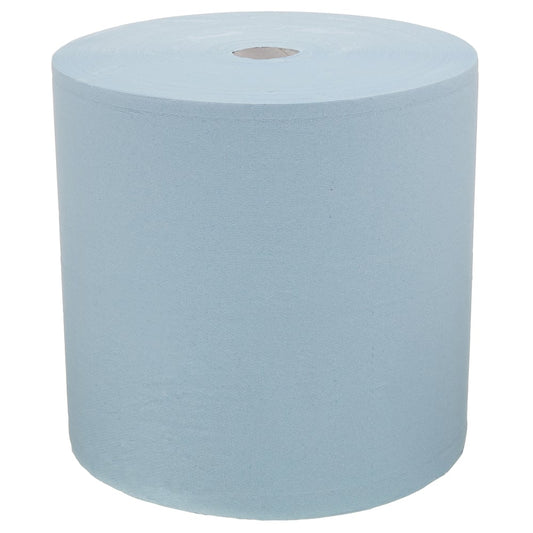Eine große, extrabreite blaue WypAll® L30 Papierwischtuch Großrolle von Kimberly-Clark GmbH steht aufrecht vor einem schlichten weißen Hintergrund - ideal für anspruchsvolle industrielle Reinigungsaufgaben, mit 1 Rolle zu 670 Blatt.