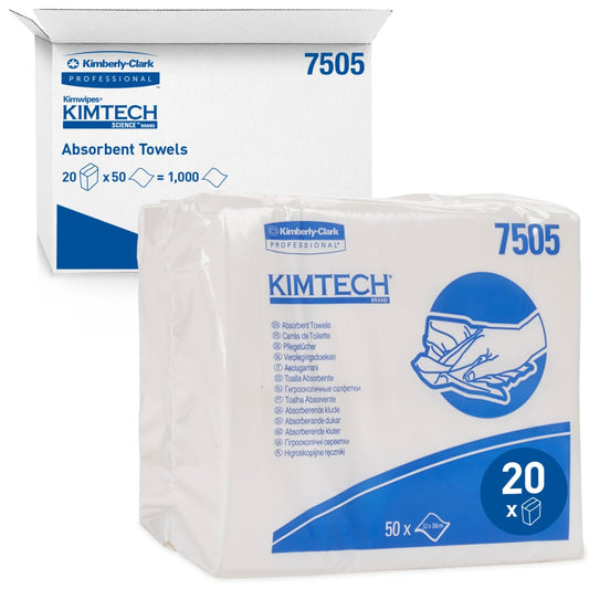 Ein Karton Kimberly-Clark GmbH Kimtech® Saugfähige Pflegetücher - Weiß enthält 20 Beutel mit je 50 Blatt, ideal für die industrielle Reinigung. Sowohl der Karton als auch die Packungen enthalten klare Produktinformationen und Abbildungen.