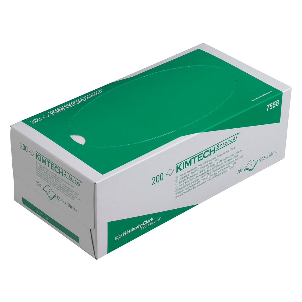 Eine grün-weiße Kimberly-Clark-Schachtel mit der Aufschrift "Kimtech® Science Präzisionswischtücher" enthält 200 weiße Labortücher zur Reinigung empfindlicher Oberflächen, mit dem Modell 7558 auf der Schachtel und einer ovalen Öffnung auf der Oberseite (15 x 200 Tücher/Karton).