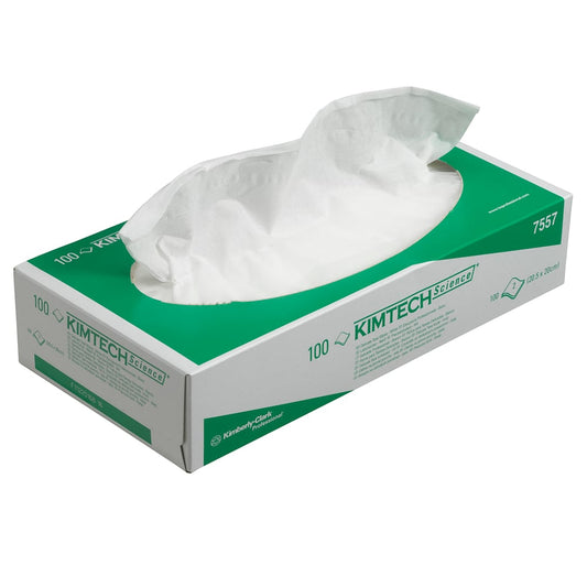 Eine rechteckige Kimberly-Clark GmbH Kimtech® Science Präzisionswischtücher Box, grün und weiß, enthält 100 weiße 2-lagige Labortücher, die teilweise aus der ovalen oberen Öffnung gezogen werden. Verkauft als 24 Kartons x 100 Blatt pro Karton (Karton mit 24 Boxen).