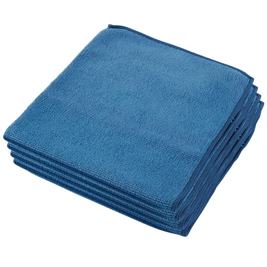 Ein Stapel von sechs sauber gefalteten blauen WypAll® Mikrofasertüchern - flaches Tuch 40 x 40 cm von Kimberly-Clark GmbH, mit dunkelblau gesäumten Kanten, auf weißem Hintergrund - ideal für eine effiziente Reinigung.