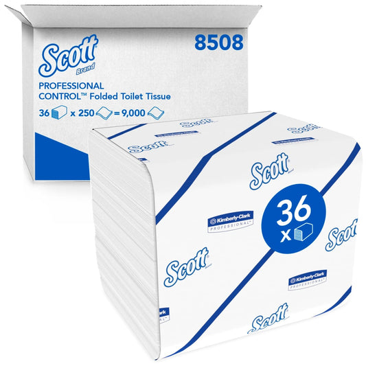 Scott® Control™ Toilettenpapier von Kimberly-Clark GmbH: 36 Päckchen à 250 weiße Einzelblätter, hygienisches Einzelblattsystem, blaues Branding, gestapelt vor dem Karton.