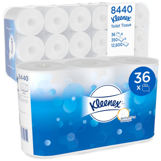 Ein Karton der Kimberly-Clark GmbH mit sechs Packungen Kleenex® Toilettenpapier mit jeweils 6 weißen Rollen (350 Blatt pro Rolle), insgesamt 36 Rollen und 12.600 Blatt; die Verpackung ist weiß-blau gestaltet.