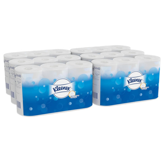 Zwei Packungen Kleenex® Toilettenpapier Standard Weiß (6 Packungen x 6 kleine Rollen x 350 Blatt), von Kimberly-Clark GmbH, sind in einer blau-weißen Verpackung mit dem Kleenex-Logo und dem Blasen-Design abgebildet.