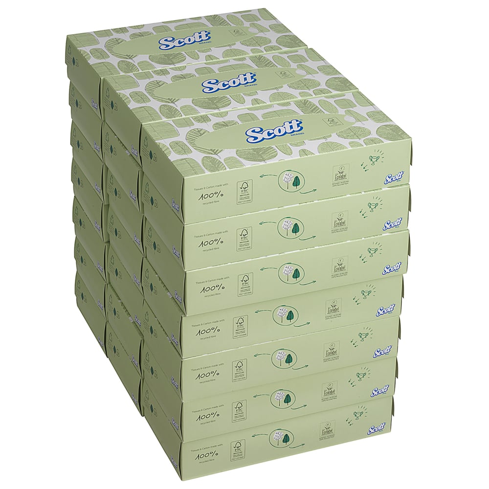 Ein Stapel von 21 weißen Scott® Kosmetiktücher-Spenderboxen der Kimberly-Clark GmbH, die jeweils 100 weiche Taschentücher enthalten, fein säuberlich in Spalten angeordnet.