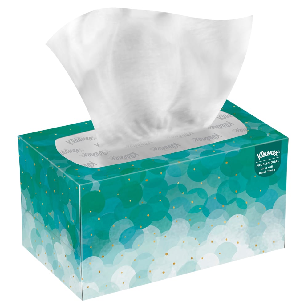 Eine rechteckige Schachtel Kleenex® Ultra™ Handtücher - Interfold, Weiß, Mittel von Kimberly-Clark GmbH, mit einem gepunkteten Design in Grün und Weiß, mit einer Interfold-Öffnung und einem teilweise herausgezogenen Hygienetuch.