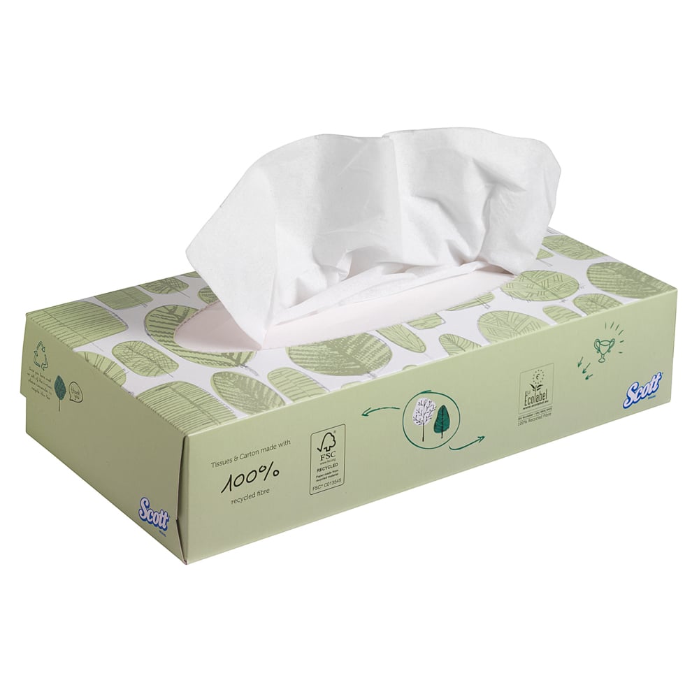 Scott® Kosmetiktücher Standard in weißer, rechteckiger Schachtel der Kimberly-Clark GmbH mit grünem Blattmotiv, einem teilweise herausgezogenen Tissue-Tuch und einem Öko-Label, das zeigt, dass es zu 100 % aus recycelten Fasern besteht (21x100 Blatt pro Karton).
