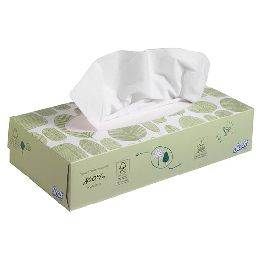 Scott® Kosmetiktücher Standard in weißer, rechteckiger Schachtel der Kimberly-Clark GmbH mit grünem Blattmotiv, einem teilweise herausgezogenen Tissue-Tuch und einem Öko-Label, das zeigt, dass es zu 100 % aus recycelten Fasern besteht (21x100 Blatt pro Karton).