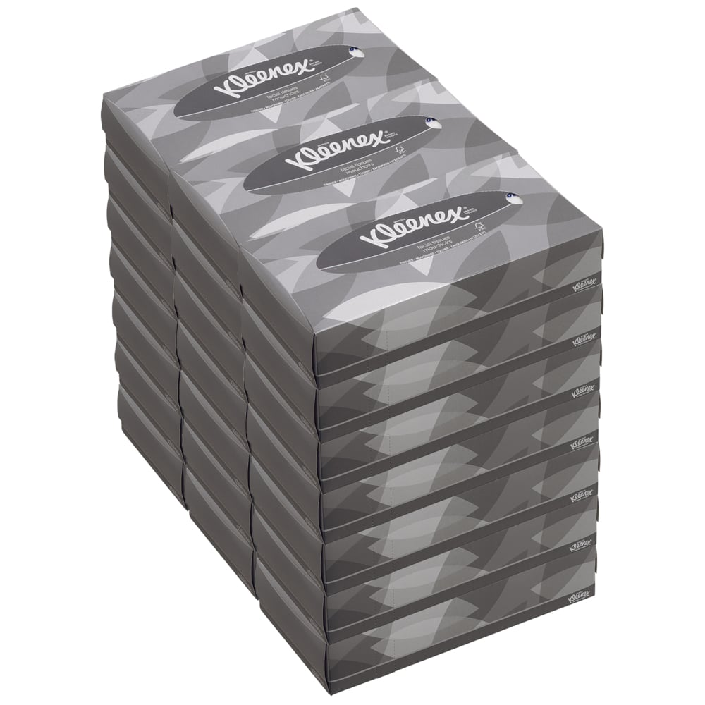 Ein Stapel von zehn Kleenex® Kosmetiktüchern - Standard / Weiß von Kimberly-Clark GmbH, mit grauem, geometrischem Design, ideal für Make-up-Entfernung und Gesichtsreinigung, mit dem Kleenex-Logo auf jeder Box.