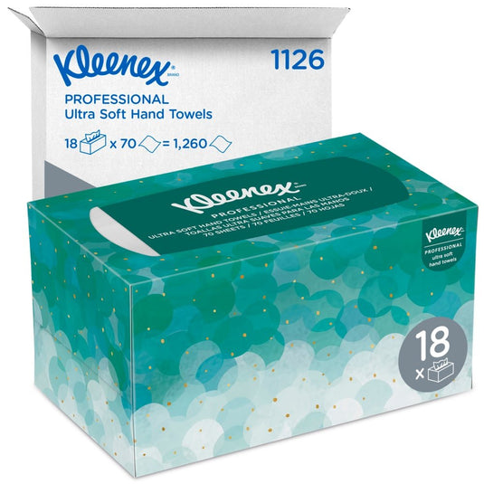 A box of Kleenex® Ultra™ Interfold tissues (white, medium, 70 sheets) from Kimberly-Clark GmbH is pictured in front of a white shipping carton labeled "1126" and "18 x 70 = 1,260," which contains 18 individual packs.