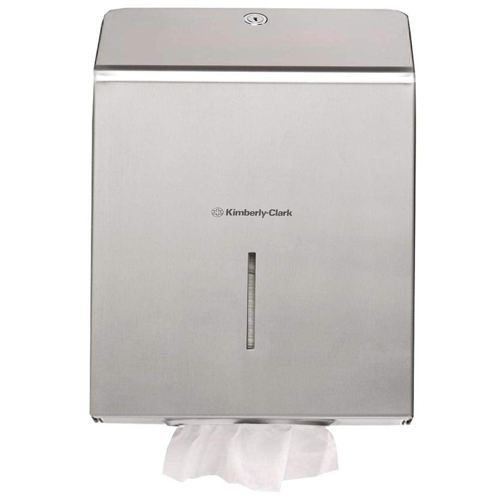 The Kimberly-Clark Professional™ stainless steel towel dispenser from Kimberly-Clark GmbH is wall-mounted and ensures hygienic hand drying with a visible white paper towel at the bottom dispensing compartment.