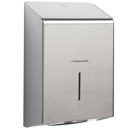 Der Kimberly-Clark Professional™ Handtuchspender aus Edelstahl bietet hygienisches Händetrocknen, ein Sichtfenster zur Füllstandskontrolle sowie ein modernes, abschließbares Design - ideal für anspruchsvolle Waschräume.