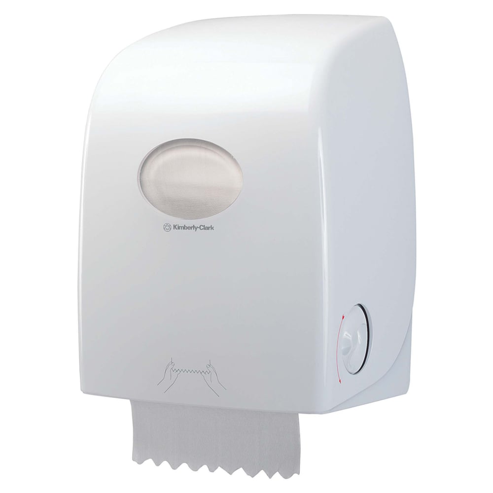 Der Aquarius™ Rollenhandtuchspender - Weiß von Kimberly-Clark GmbH ist ein weißer, wandmontierter Spender mit einem transparenten ovalen Fenster, das die Papierhandtuchrolle im Inneren zeigt und ein Handtuch am unteren Ende ausgibt - ideal für öffentliche Bereiche.