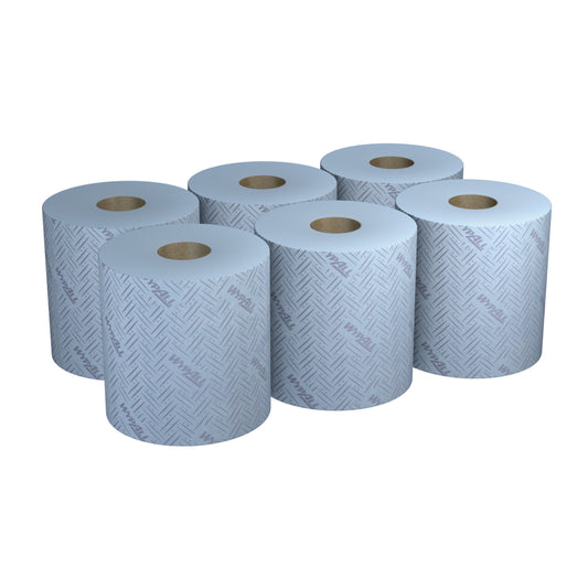 Sechs Rollen Kimberly-Clark GmbH WypAll® L20 blau, 2-lagiges Papierwischtuch (6x400 Blatt), ideal für die Zentralentnahme bei Instandhaltungsarbeiten. Jede Rolle ist in zwei Dreierreihen angeordnet für eine bequeme Handhabung.