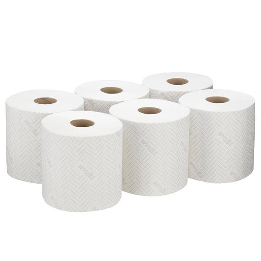 Sechs Rollen WypAll® L20 Papierwischtuch für Instandhaltungsarbeiten von Kimberly-Clark GmbH (weiß, 6 x 400 Blatt) sind übersichtlich in zwei Dreierreihen angeordnet und zeigen ein dezentes Fischgrätenmuster auf weißem Hintergrund.