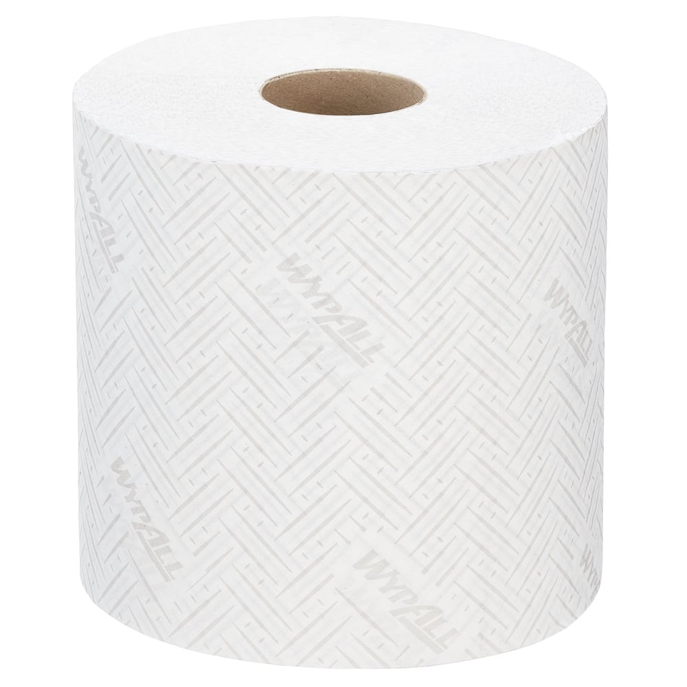 Ein Karton enthält 6 Rollen WypAll® L10 weißes Hygiene-Papierwischtuch der Kimberly-Clark GmbH, jede Rolle mit dezentem Muster, "WYPALL"-Schriftzug in Grau und einer zentralen Pappröhre zur einfachen Entnahme.