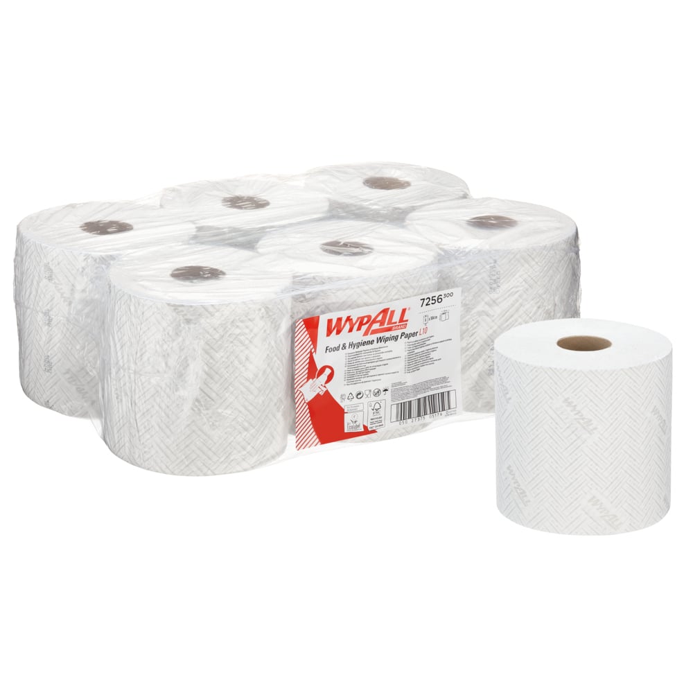 Das WypAll® L10 Papierwischtuch für Lebensmittel & Hygiene von Kimberly-Clark GmbH enthält 6 weiße Rollen à 800 Blatt im Karton - ideal für die zentrale Entnahme in hygienischen und lebensmittelsicheren Bereichen.
