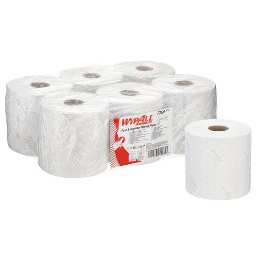 Das WypAll® L10 Papierwischtuch für Lebensmittel & Hygiene von Kimberly-Clark GmbH enthält 6 weiße Rollen à 800 Blatt im Karton - ideal für die zentrale Entnahme in hygienischen und lebensmittelsicheren Bereichen.