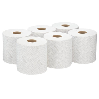 Six white rolls of WypAll® L10 paper wipe for food & hygiene from Kimberly-Clark GmbH (6 x 800 sheets) are neatly arranged on a white background, ideal for central dispensing in kitchens or as hygiene wipes for food areas.