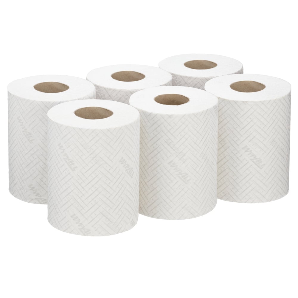 Sechs Rollen WypAll® Reach™ Papierwischtuch für Lebensmittel & Hygiene von Kimberly-Clark GmbH mit Zentralentnahme sind in zwei Reihen zu je drei auf weißem Hintergrund angeordnet.