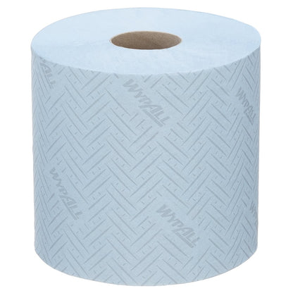 A single roll of WypAll® L10 blue 1-ply paper wipes from Kimberly-Clark GmbH, ideal for food and hygiene areas. Unused, with a subtle "WypAll" print, it stands upright; central dispensing. Sold in boxes with 6 rolls of 800 sheets each.