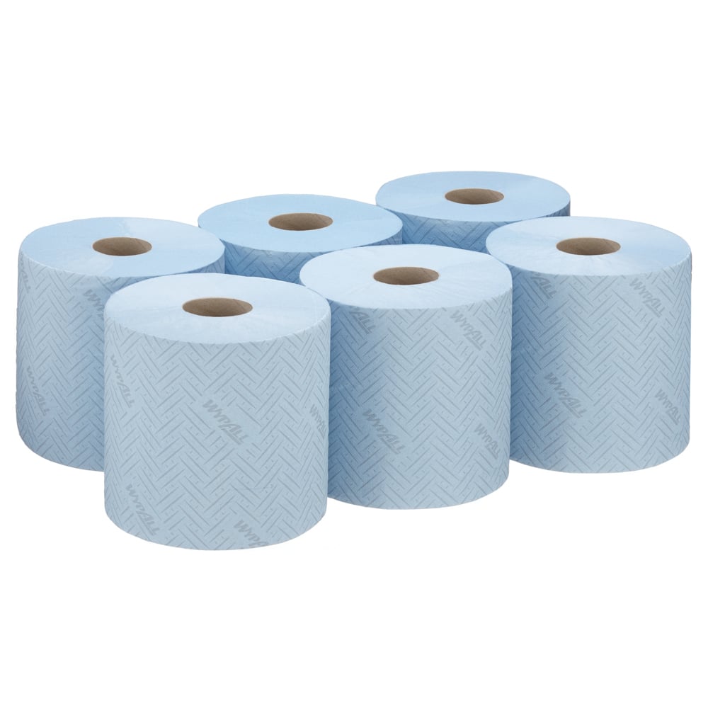 Six WypAll® L10 paper towel rolls from Kimberly-Clark GmbH, blue and 1-ply, are arranged in two rows of three. Each roll is ideal for hygiene and food areas, with a herringbone pattern and a brown cardboard core.