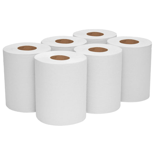 Sechs aufrecht stehende WypAll® L10 Papierwischtuch-Rollen der Kimberly-Clark GmbH, jeweils mit braunem Kern für die Zentralentnahme, sind in zwei Dreierreihen auf weißem Untergrund angeordnet - ideal für die Reinigung im Service & Einzelhandel (6 Rollen x 390 Tücher).
