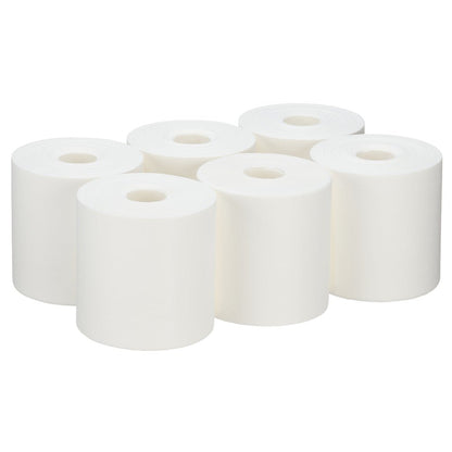 Six WypAll® Wettask™ PowerClean rolls by Kimberly-Clark GmbH (white, 6 refills of 60 wipes each) are arranged in two rows. Each roll has a central hole and smooth edges - ideal for professional cleaning.