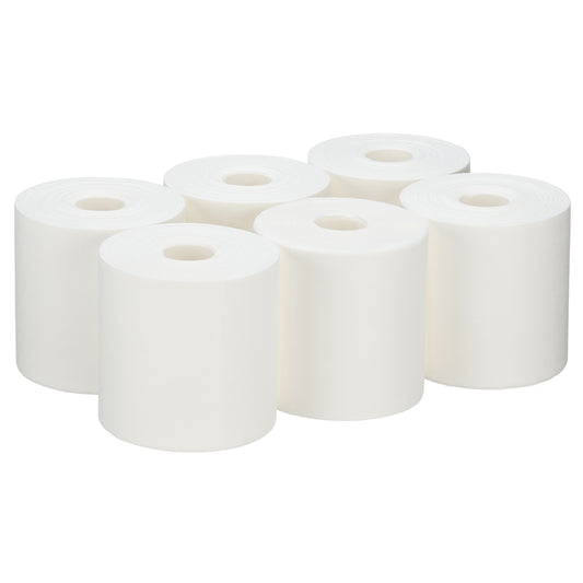 Sechs WypAll® Wettask™ PowerClean Rollen von Kimberly-Clark GmbH (weiß, 6 Refills à 60 Tücher) sind in zwei Reihen angeordnet. Jede Rolle hat ein zentrales Loch und glatte Kanten - ideal für professionelle Reinigung.