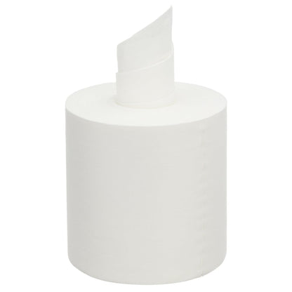 Close-up of an unused WypAll® Wettask™ PowerClean roll (White, 6 refill packs × 60 sheets | Box) by Kimberly-Clark GmbH, with a sheet pulled up - ideal for professional cleaning, displayed upright on a plain white background.