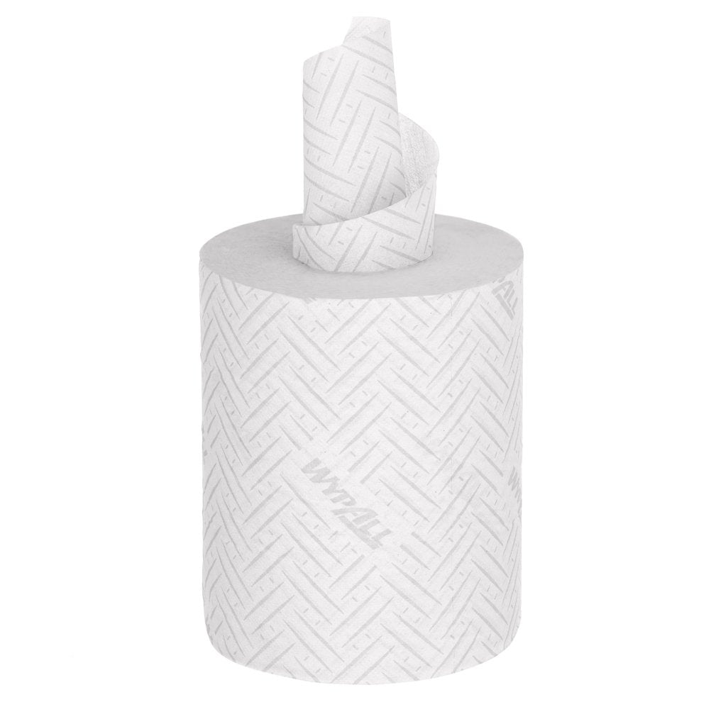 Eine einzelne Rolle WypAll® Reach™ Papierwischtuch für Lebensmittel & Hygiene - Zentralentnahme von Kimberly-Clark GmbH steht aufrecht, das Ende locker nach oben gezogen - ideal zur Förderung der Hygiene in jeder Umgebung.