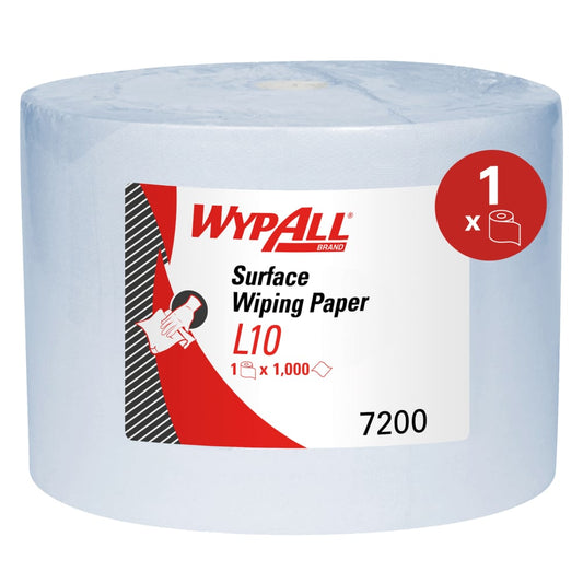 Eine einzelne Großrolle WypAll® L10 Papierwischtuch für Oberflächen von Kimberly-Clark GmbH (38,00 cm x 23,50 cm) mit weißem und rotem Etikett, Produktcode 7200, enthält 1.000 Blatt für eine effiziente Oberflächenreinigung.