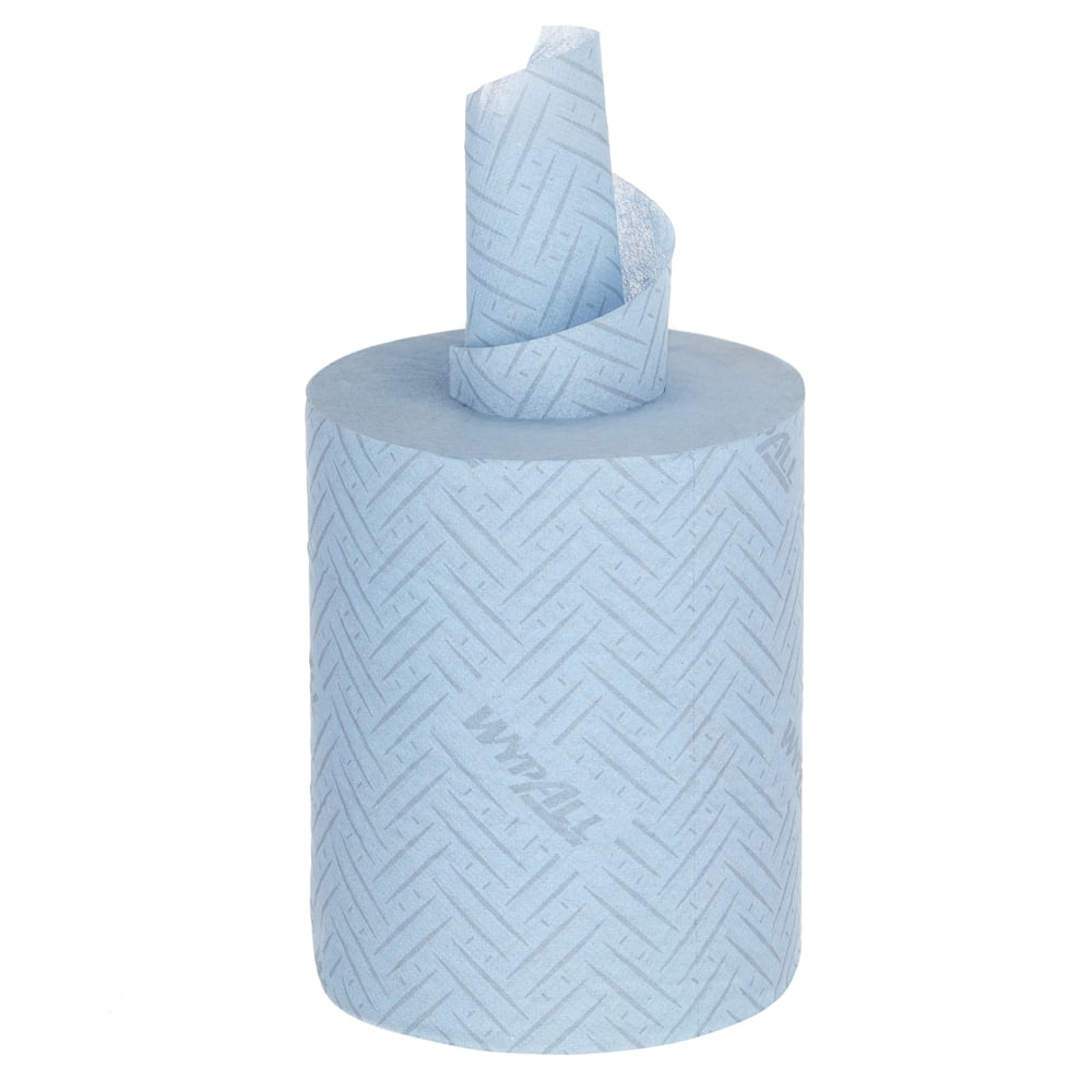 Das WypAll® Reach™ Papierwischtuch für Lebensmittel & Hygiene - Zentralentnahme von Kimberly-Clark GmbH ist ein strukturiertes, hellblaues Industriewischtuch mit "WYPALL"-Aufdruck. Die Tücher werden in der Mitte entnommen - ideal für die Hygiene in lebensmittelverarbeitenden Betrieben.