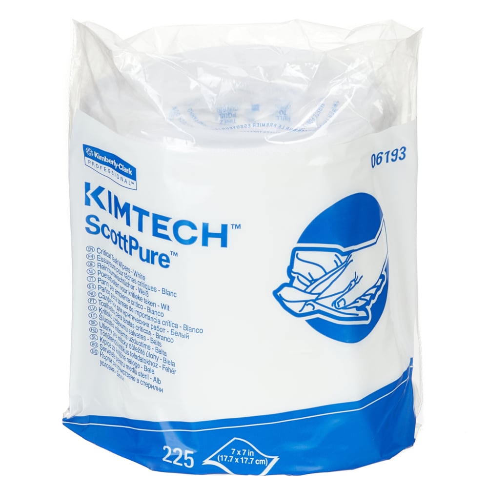 A box of Kimtech® wipes - central dispensing from Kimberly-Clark GmbH contains 6 rolls, each with 225 white tissues, with blue and white branding and a hand-wipe illustration for effective cleaning.