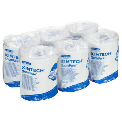 The six rolls of Kimtech® wipes - central dispensing from Kimberly-Clark GmbH, each with 225 white sheets, are packaged in a clear plastic wrap and feature blue and white labels showing a hand-wipe image for effective central dispensing.