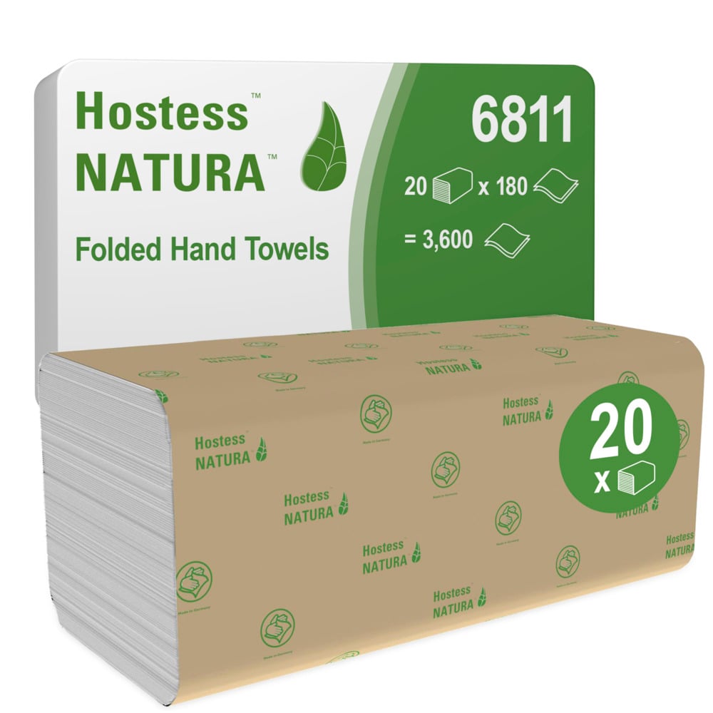 A package of Hostess™ NATURA™ hand towels - zig-zag fold (23x25 cm) from Kimberly-Clark GmbH, product number 6811, contains 20 packs with 180 eco-friendly towels each (total: 3,600), packaged in brown with green print.
