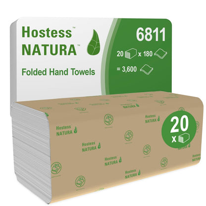 A package of Hostess™ NATURA™ hand towels - zig-zag fold (23x25 cm) from Kimberly-Clark GmbH, product number 6811, contains 20 packs with 180 eco-friendly towels each (total: 3,600), packaged in brown with green print.