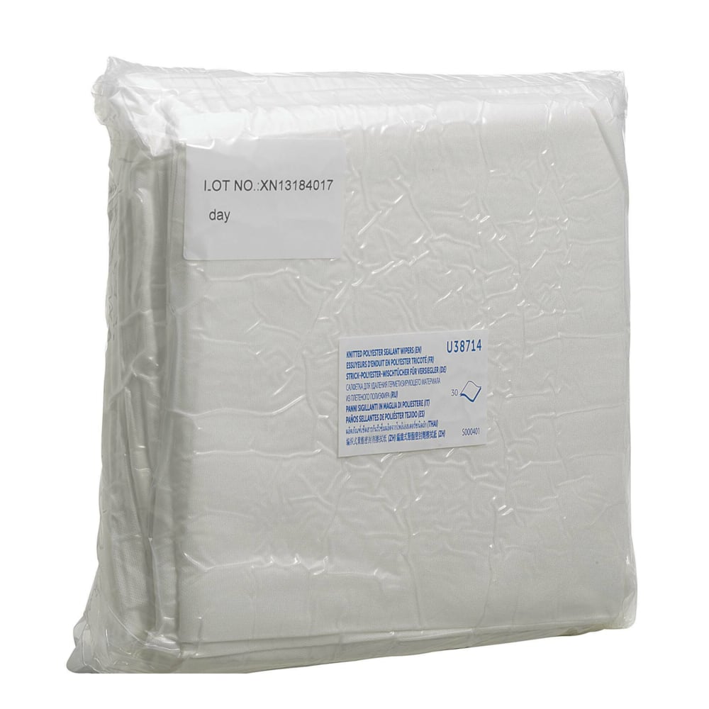Die Kimtech® Auto Sealant Wischtücher von Kimberly-Clark GmbH kommen in einer versiegelten Klarsichtpackung mit gefalteten weißen Tüchern, ideal für die Fahrzeugreinigung. Ein Chargennummern-Etikett und ein blau-weißes Info-Etikett sind auf der Vorderseite sichtbar. 12 Kartons x 30 Blatt pro Karton.