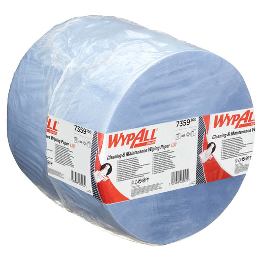 Ein blaues WypAll® L30 Großrolle Papierwischtuch von Kimberly-Clark GmbH für Wartungsarbeiten, extra breit und lang, verpackt in Klarsichtfolie mit Produktinfo, Industrie Reinigung Anwendungshinweise und Barcode; 1 Rolle x 1000 Blatt pro Karton.