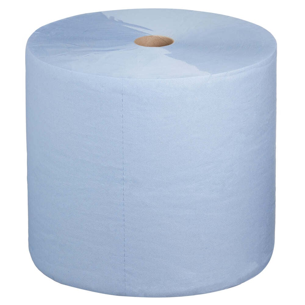 Ein Kimberly-Clark WypAll® L30 Großrolle Papierwischtuch (blau, extra breit & lang, 1 Rolle x 1000 Tücher) steht aufrecht mit sichtbarem Kartonkern vor weißem Hintergrund-ideal für Instandhaltungsarbeiten.
