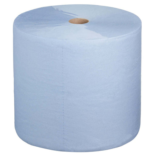 Ein Kimberly-Clark WypAll® L30 Großrolle Papierwischtuch (blau, extra breit & lang, 1 Rolle x 1000 Tücher) steht aufrecht mit sichtbarem Kartonkern vor weißem Hintergrund-ideal für Instandhaltungsarbeiten.